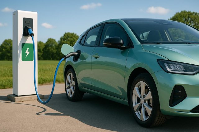 Environment-Friendly Alternatives to Traditional Fuel Cars Electric car charging at station with green energy icons, representing eco-friendly transportation