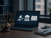 Legal software dashboard on laptop in modern law firm office for enhanced efficiency and competitiveness