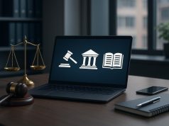 Legal software dashboard on laptop in modern law firm office for enhanced efficiency and competitiveness