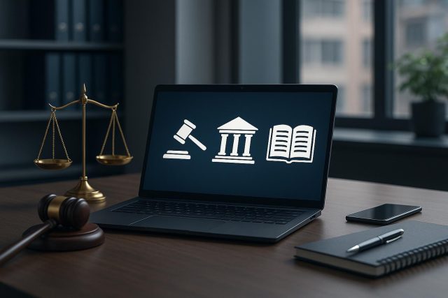 Why Modern Law Firms Need Legal Software to Stay Competitive Legal software dashboard on laptop in modern law firm office for enhanced efficiency and competitiveness