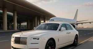 Rolls Royce parked at Dubai airport highlighting luxury car rental for events and arrivals