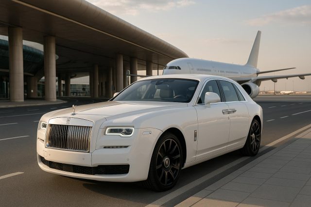 From Airport Arrivals to Events Why Rolls Royce Rental Dubai Stands Out Rolls Royce parked at Dubai airport highlighting luxury car rental for events and arrivals