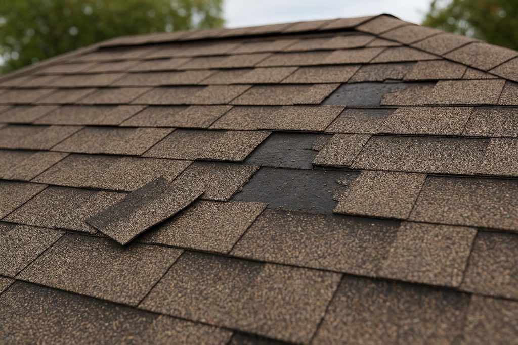 Damaged roof with missing shingles showing signs of wear and weather-related deterioration