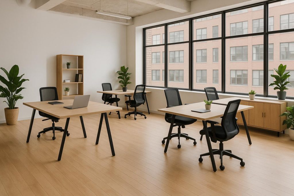 Modern coworking space setup with open desks, contemporary furniture, and collaborative work areas