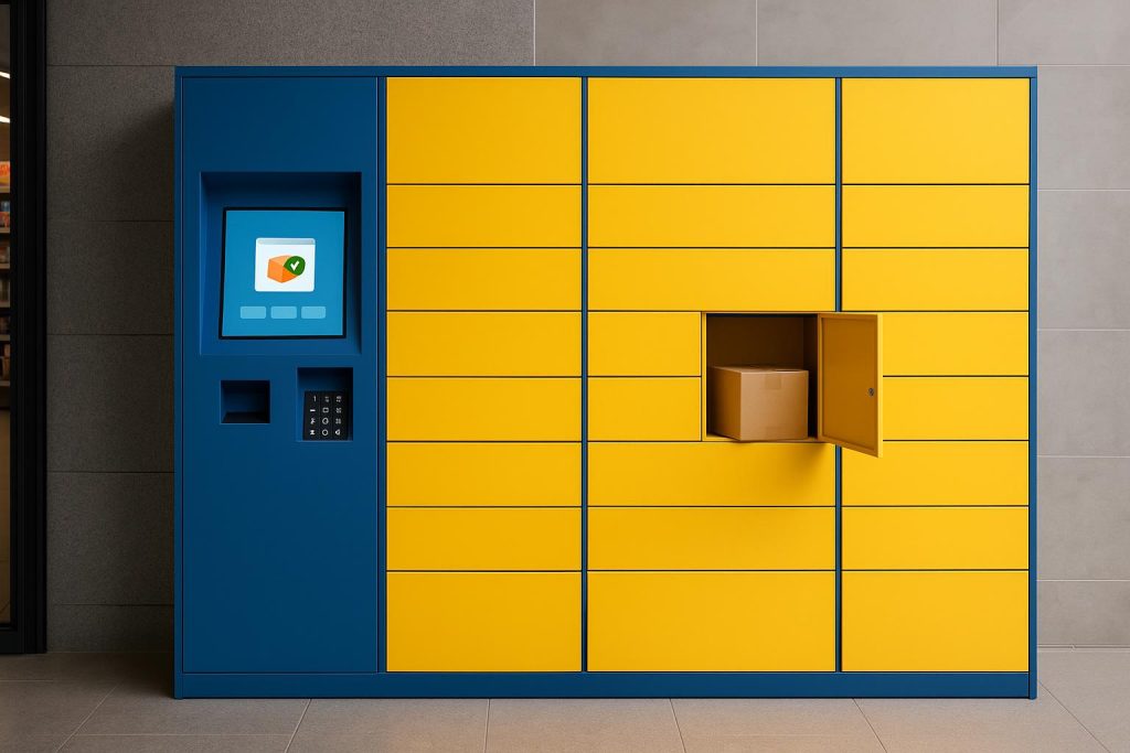 Smart lockers in a retail store setting with digital interfaces and package storage compartments