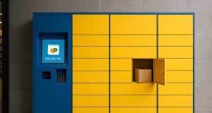 Smart lockers in a retail store setting with digital interfaces and package storage compartments
