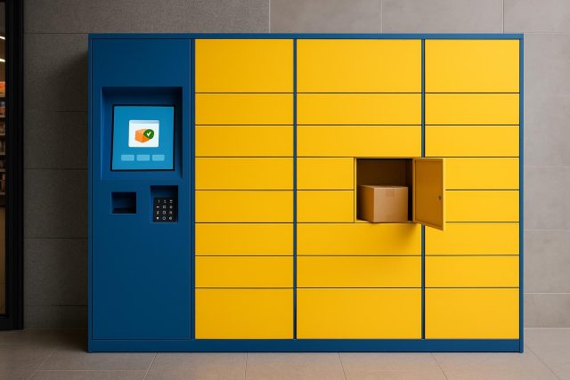 Smart lockers in a retail store setting with digital interfaces and package storage compartments