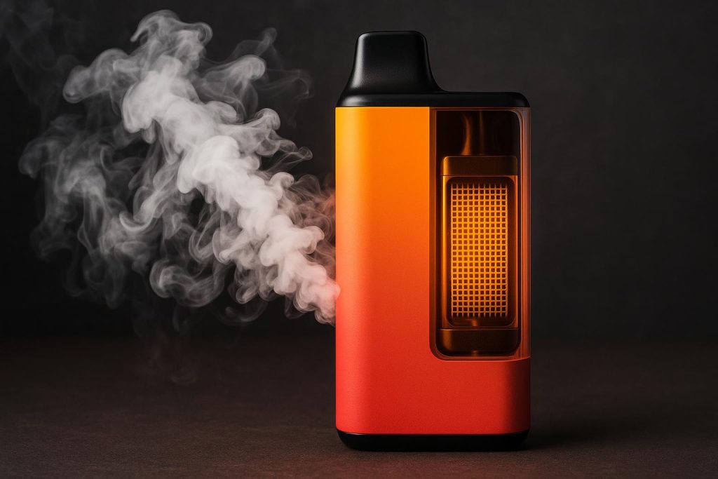 Mesh coil disposable vape device emitting dense vapor, illustrating enhanced flavor and output