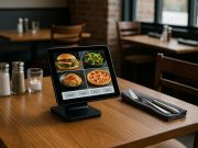 Modern restaurant tables with tablets for customer ordering and sleek updated seating arrangements