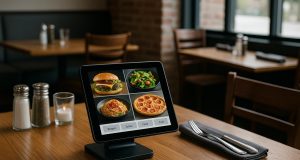 Modern restaurant tables with tablets for customer ordering and sleek updated seating arrangements