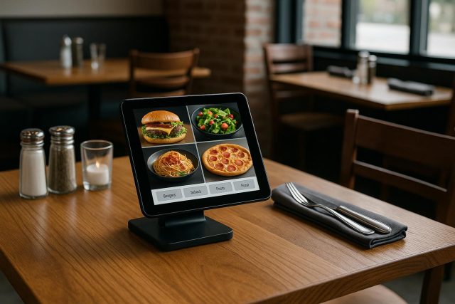 Modern restaurant tables with tablets for customer ordering and sleek updated seating arrangements