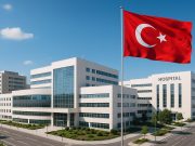 Modern hospital building in Turkey with welcoming entrance, suitable for international patients
