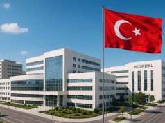 Modern hospital building in Turkey with welcoming entrance, suitable for international patients