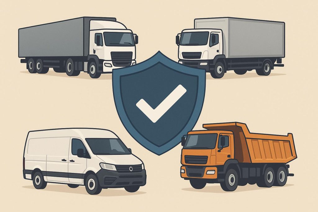 Various commercial vehicles with insurance icons illustrating different insurance coverage options