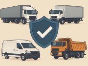 Various commercial vehicles with insurance icons illustrating different insurance coverage options
