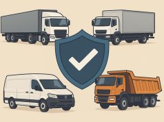 Various commercial vehicles with insurance icons illustrating different insurance coverage options