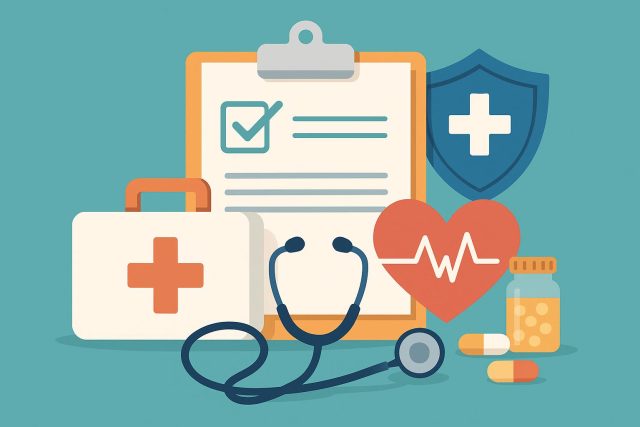 Stethoscope and health insurance documents illustrating free health check-up benefits