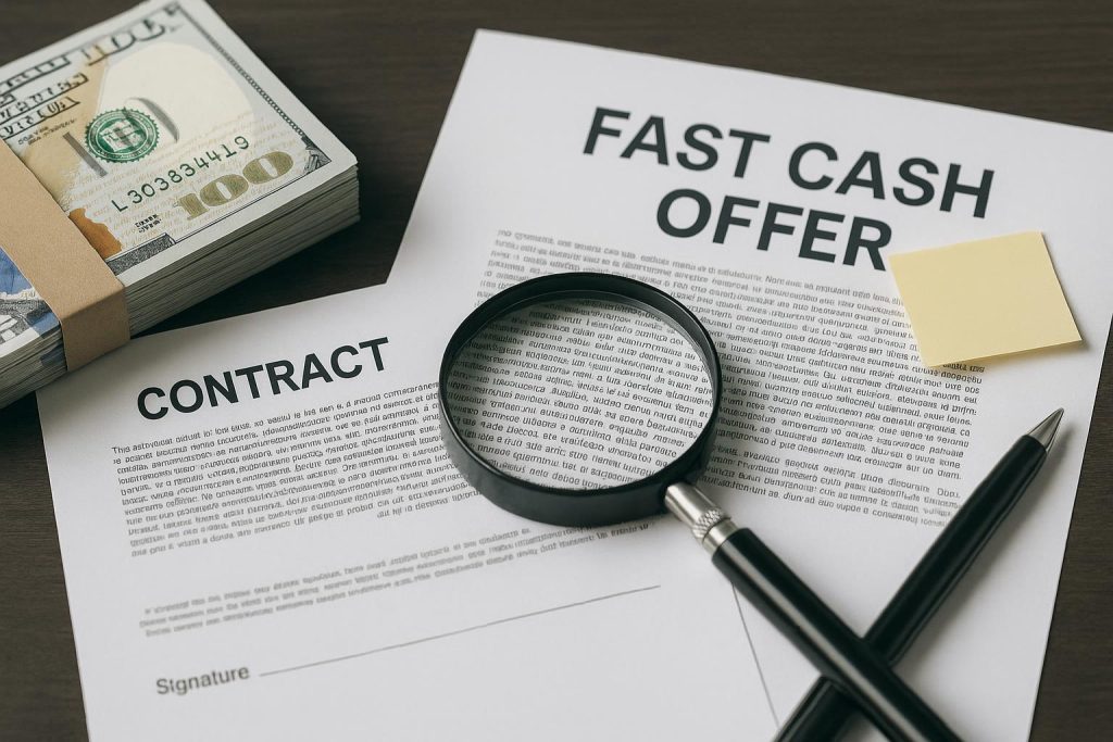Close-up of contract fine print with bold "Fast Cash Offer" text and magnifying glass highlighting terms