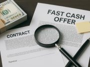 Close-up of contract fine print with bold "Fast Cash Offer" text and magnifying glass highlighting terms