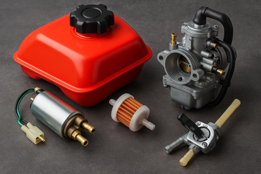 Close-up of a motorcycle carburetor and fuel lines illustrating powersports fuel systems