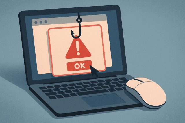 Mouse cursor hovers over a suspicious link on a computer screen, highlighting online carelessness