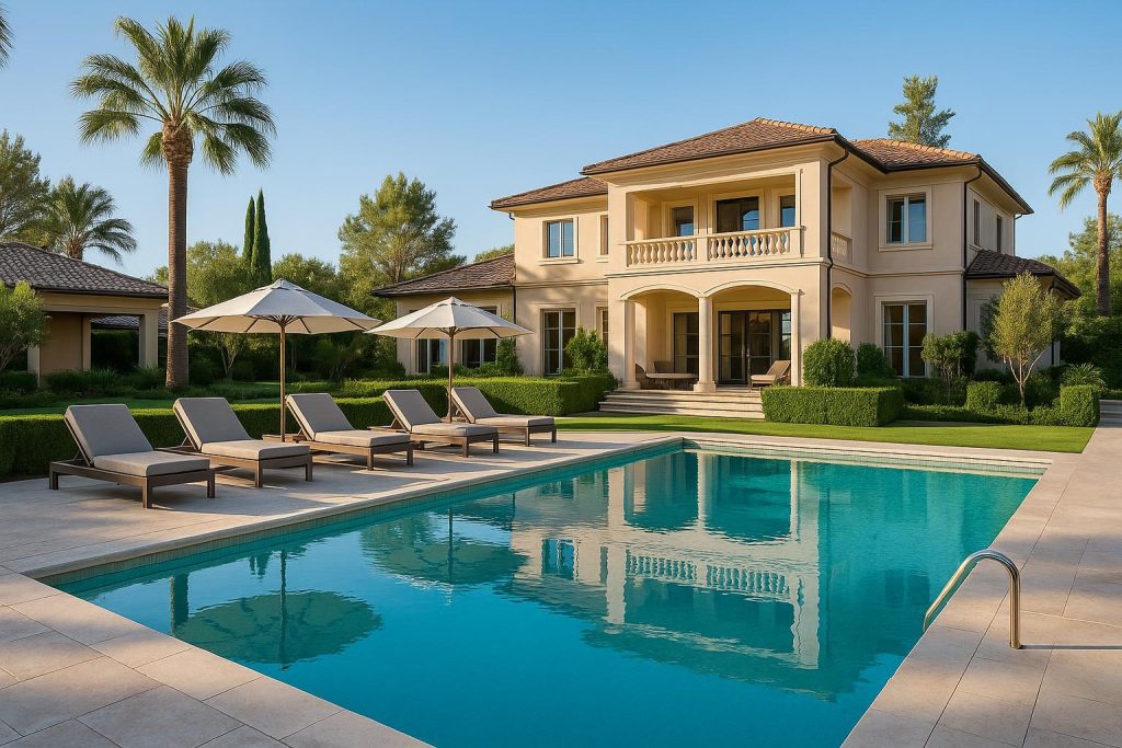 Elegant luxury rehab center exterior with manicured gardens, representing top US residential facilities
