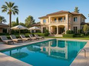 Elegant luxury rehab center exterior with manicured gardens, representing top US residential facilities