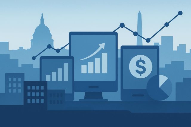 How Washington DC Businesses Are Driving Growth With Digital Solutions Washington DC skyline with business icons representing digital growth and innovation