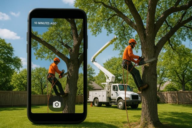 Arborist updating tree care records with a smartphone during a routine maintenance visit