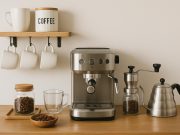 3 Tips for Making a Coffee Bar at Home Home coffee bar setup with espresso machine, mugs, and coffee accessories on a kitchen counter