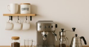 Home coffee bar setup with espresso machine, mugs, and coffee accessories on a kitchen counter