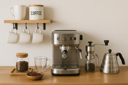 Home coffee bar setup with espresso machine, mugs, and coffee accessories on a kitchen counter