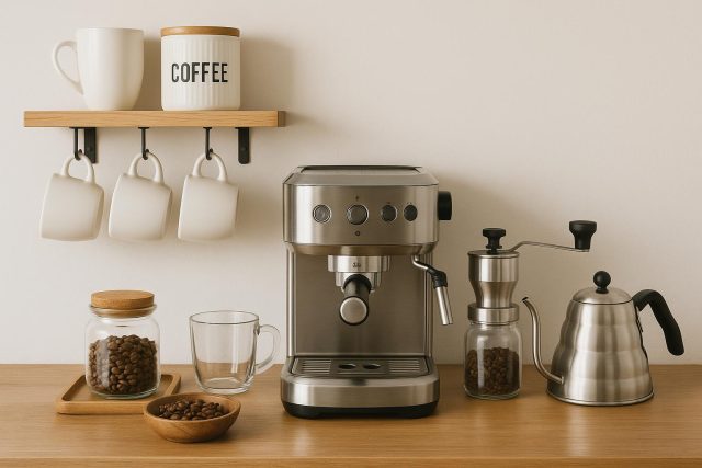 3 Tips for Making a Coffee Bar at Home Home coffee bar setup with espresso machine, mugs, and coffee accessories on a kitchen counter