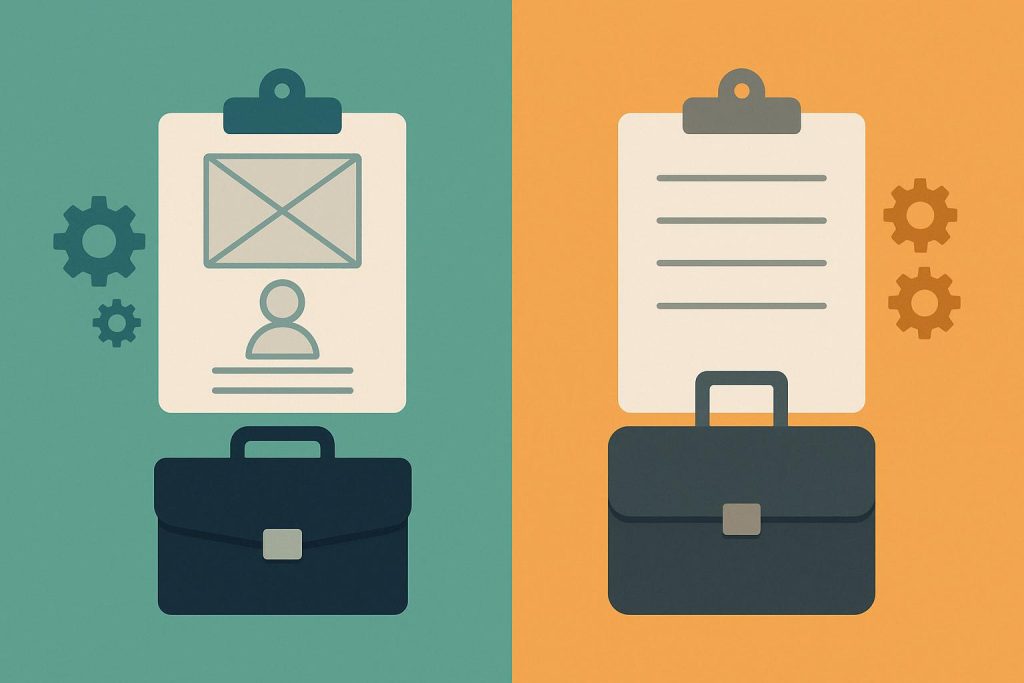 Conceptual illustration highlighting the differences between product work and business work tasks