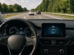 Teenage driver using advanced car safety features while driving in modern vehicle dashboard view