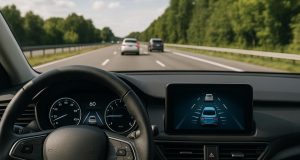 Teenage driver using advanced car safety features while driving in modern vehicle dashboard view