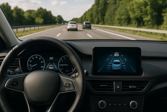 Teenage driver using advanced car safety features while driving in modern vehicle dashboard view
