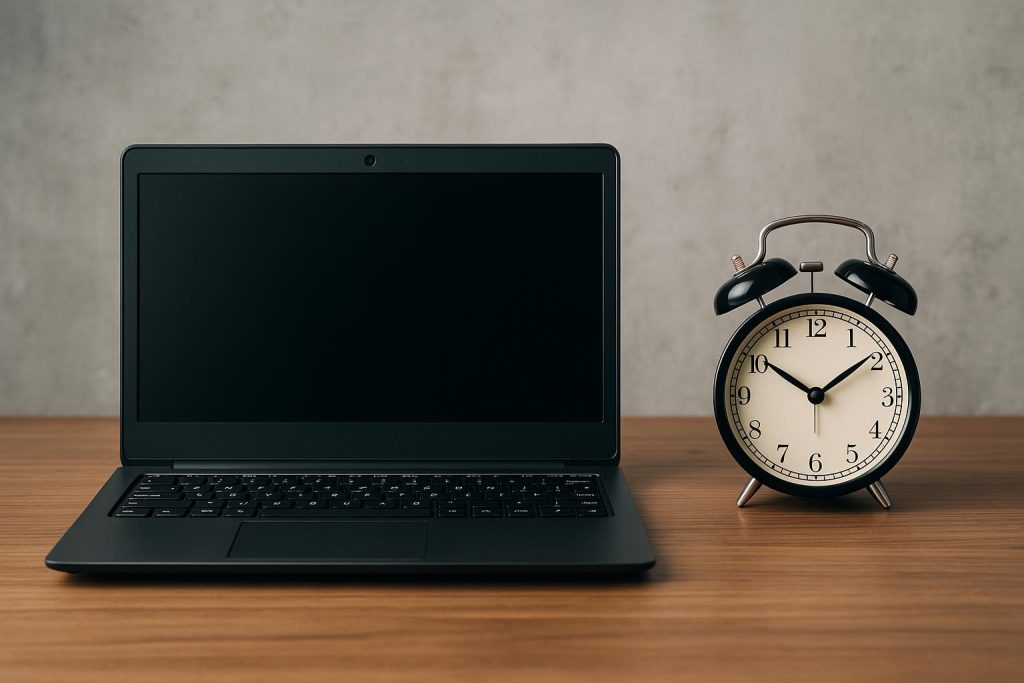 Refurbished laptop with open screen and keyboard on desk, representing laptop longevity