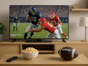 Streaming NFL game on laptop with football field displayed, highlighting online viewing options