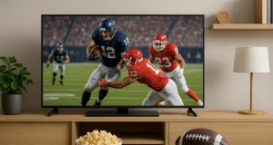 Streaming NFL game on laptop with football field displayed, highlighting online viewing options