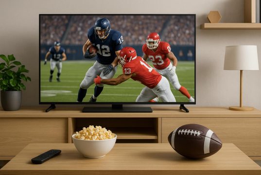 Streaming NFL game on laptop with football field displayed, highlighting online viewing options