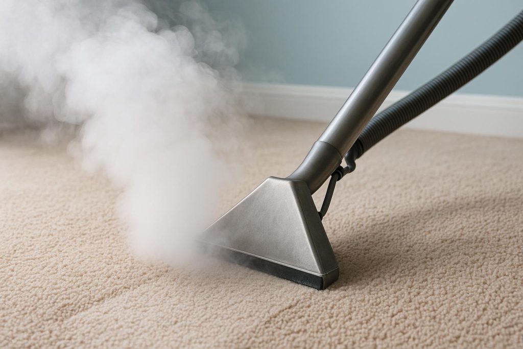 Professional steam cleaner deep cleaning a carpet, removing dirt and stains for a refreshed look