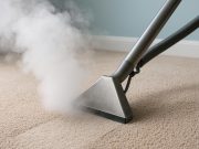 Professional steam cleaner deep cleaning a carpet, removing dirt and stains for a refreshed look