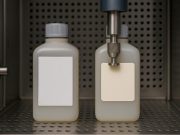 Adhesive materials undergoing durability testing beside worn paper labels on a testing surface