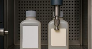 Adhesive materials undergoing durability testing beside worn paper labels on a testing surface