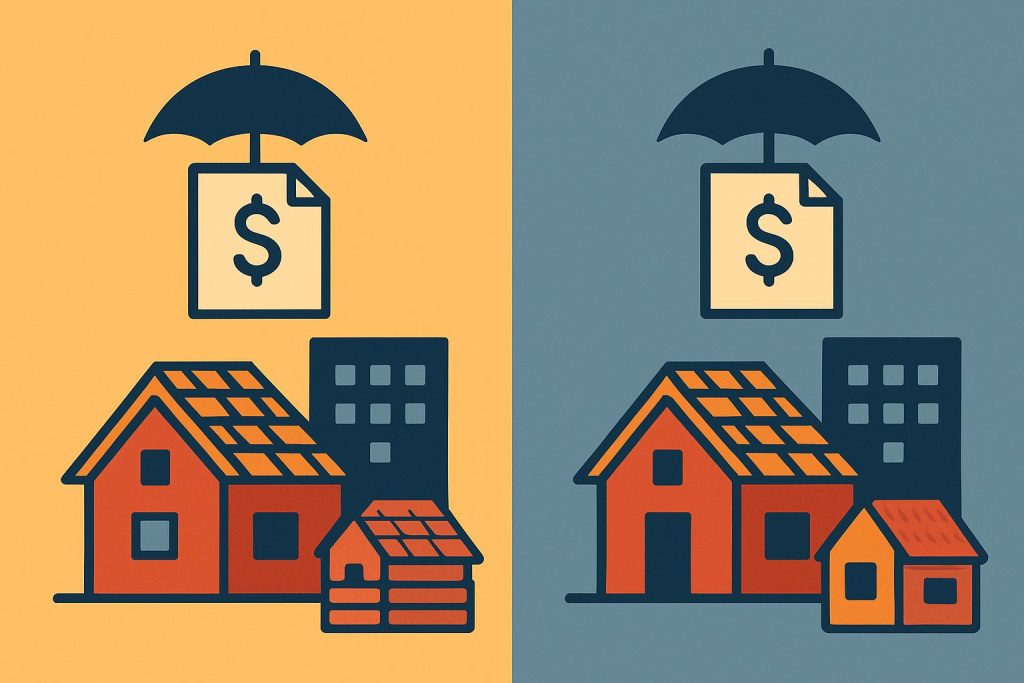 Two commercial roofing company buildings side by side illustrating insurance quote differences