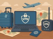 Traveling With a VPN: Why Your Internet Connection Deserves Attention Laptop with VPN shield icon on screen connected to secure Wi-Fi in airport lounge setting