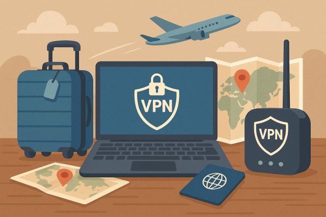 Laptop with VPN shield icon on screen connected to secure Wi-Fi in airport lounge setting