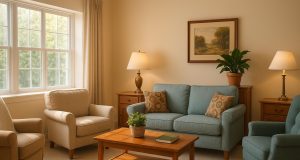 Cozy common area with comfortable furniture and warm lighting in an assisted living community