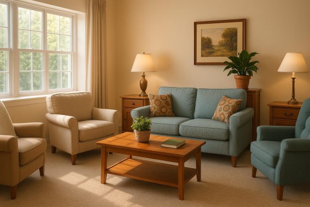Cozy common area with comfortable furniture and warm lighting in an assisted living community
